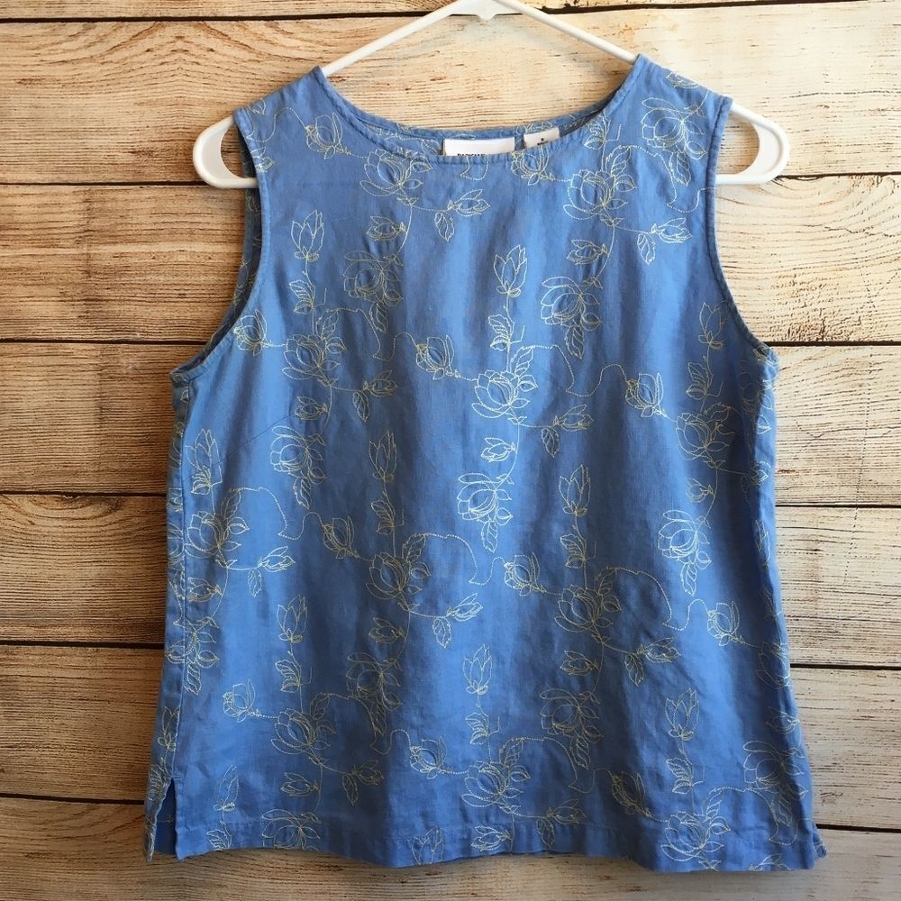 ‎PARISIAN WORKS EMBROIDERED LINEN TOP IN BLUE